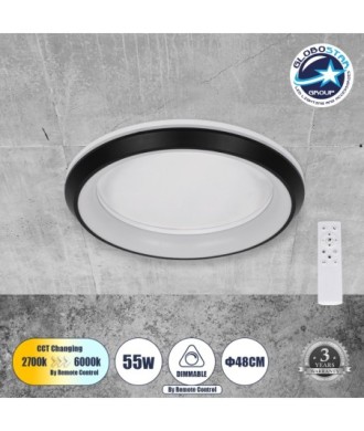 GLOBOSTAR® MELINA 61040 Μοντέρνο Φωτιστικό Οροφής LED 55W 6376lm 120° AC 220-240V IP20 Ρυθμιζόμενο Λευκό CCT με Χειριστήριο από 2700K έως 6000K Dimmable - Lumileds SMD Chip - Μαύρο Ματ - Μ48 x Π48 x Υ9cm - 3 Χρόνια Εγγύηση